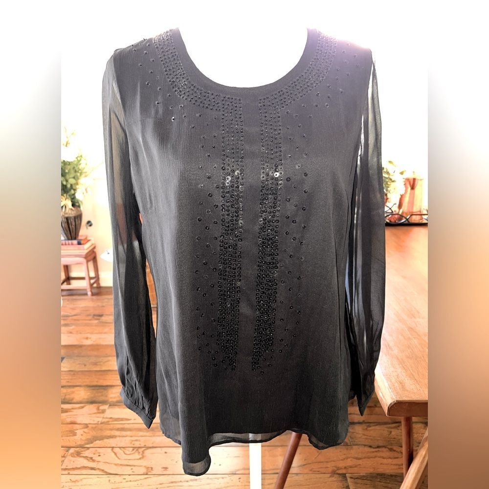 Vineyard Vines Black Silk Tunic Blouse Sequin Embellished Long Sleeve Sz 6 NWOT